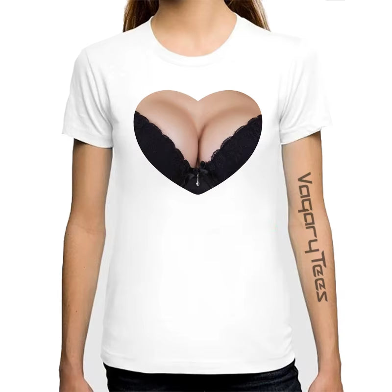 Women Summer Cool Tops Casual 3D Boobs Print and Short Sleeve O-Neck T-Shirt Big Boobs Sexy Breast Design Print T Shirt