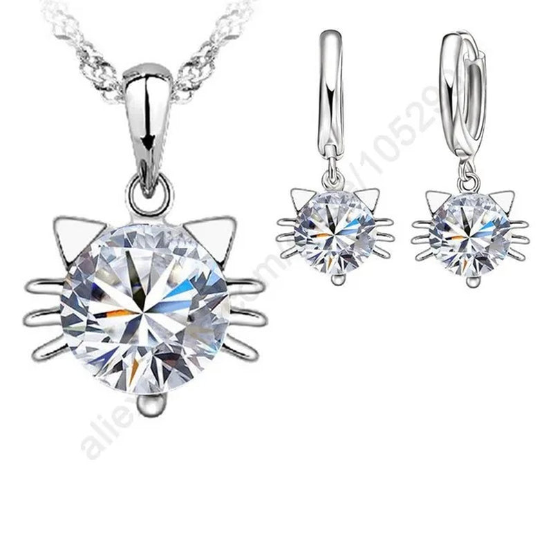 New Arrivals Romantic 925 Sterling Silver Cubic Zircon Cute Pretty Cat Necklace Hoop Earrings Jewelry Sets