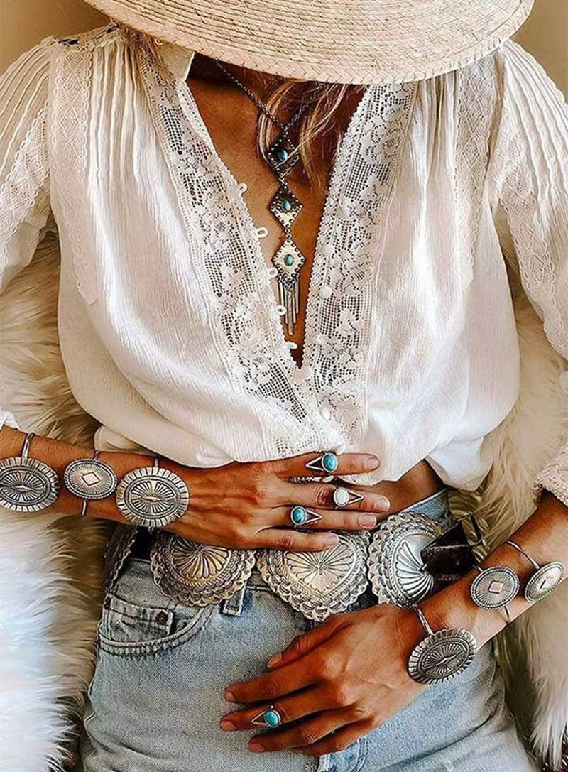 Blouse White Cotton Lace Floral Embroidery Women'S Shirt Loose Boho Style V-Neck Long Sleeve Tunic Sexy Tops