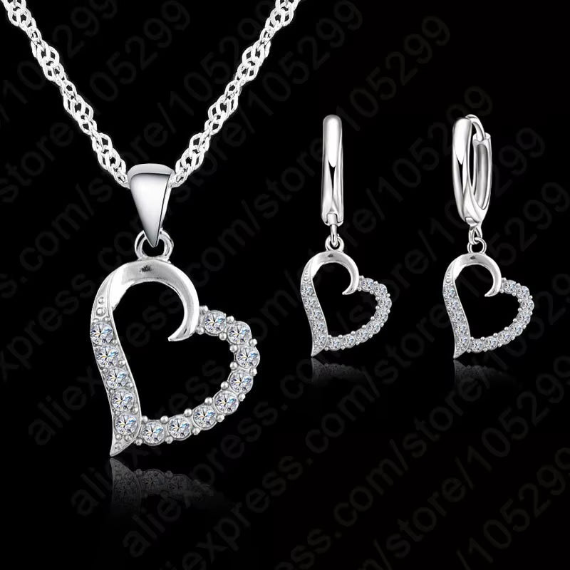 Classic Cubic Zircon Heart Pendant Jewelry Set 925 Sterling Silver Necklace/Earring Women Wedding Sets