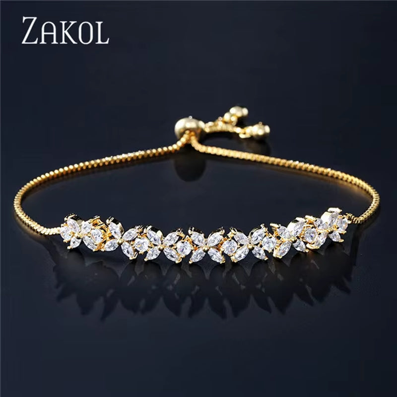 Classic White Marquise Cut Cubic Zircon Chain & Link Bracelets Bangles Flower Bridal Wedding Jewelry for Women BP094