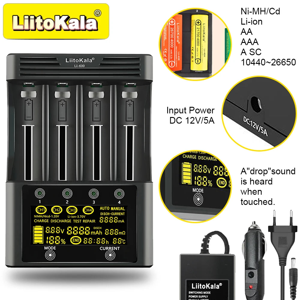 Lii-600 Smart Battery Charger for 18650/21700/AA/AAA | 3A Fast Charging | Nimh/Li-Ion/Nicd Multi-Bay Charger with LCD