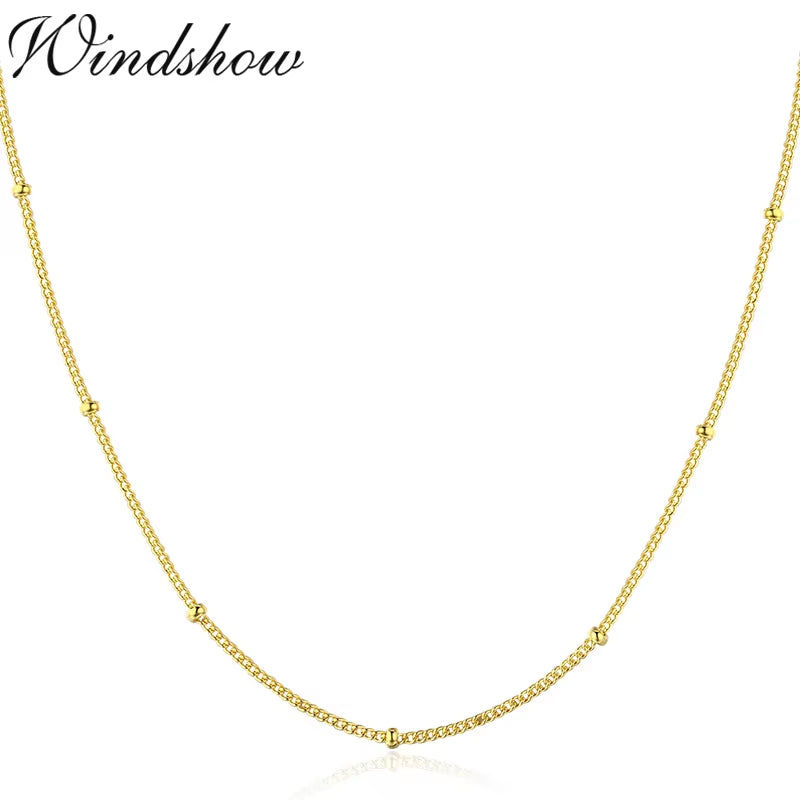 35-80Cm Real 925 Sterling Silver W/ Gold Colour Beads Curb Chain Choker Necklaces for Women Girls Jewelry Kolye Collares Ketting