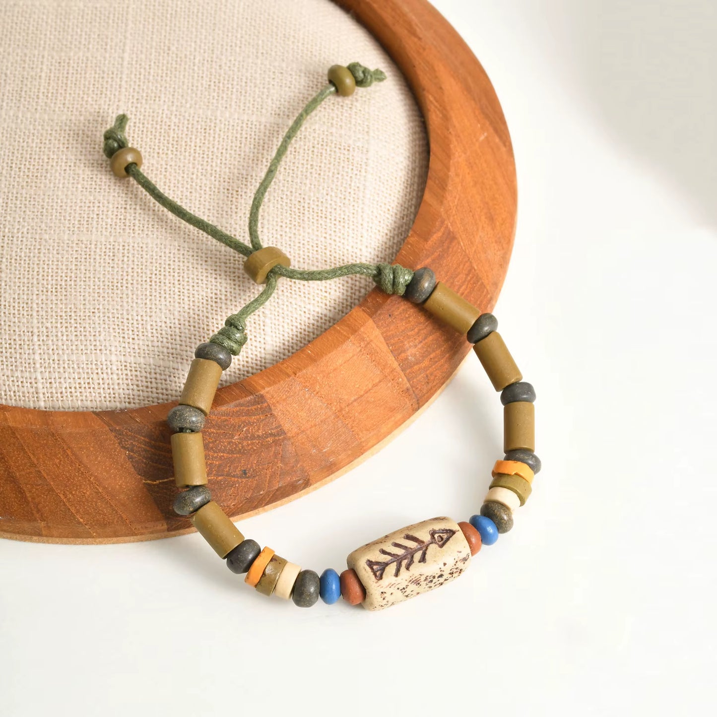 Rotating Fish Bone Beaded Bracelet Original Tribal Jewelry for Men Surfer Jewelry Adjustable