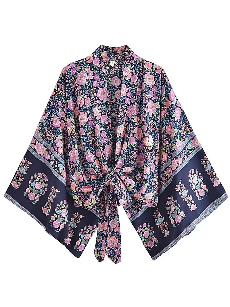 Boho Vintage Floral Print Beach Summer Short Kimono Women Fashion Ladies Casual V Neck Batwing Sleeves Bohemian Cover-Ups
