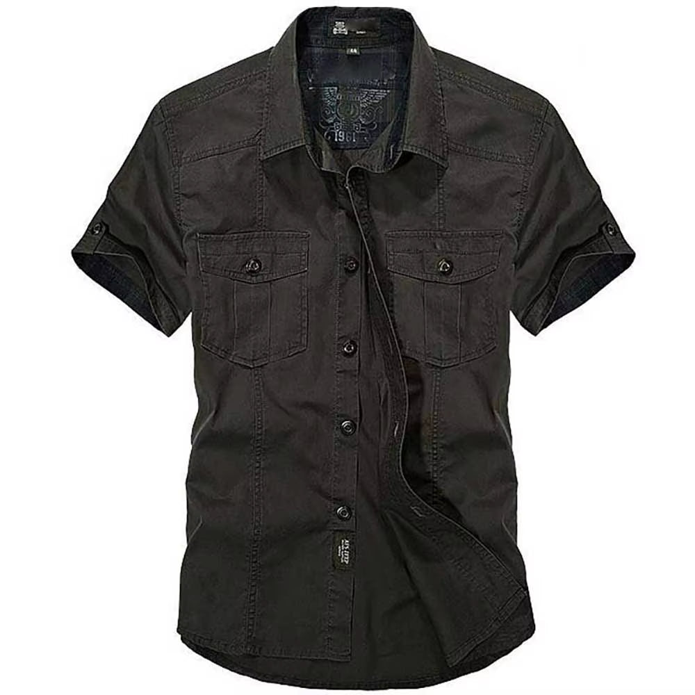 Fashion Cotton Casual Shirts Summer Men plus Size Loose Baggy Shirts Short Sleeve Turn-Down Collar Military Style Male Clothing
