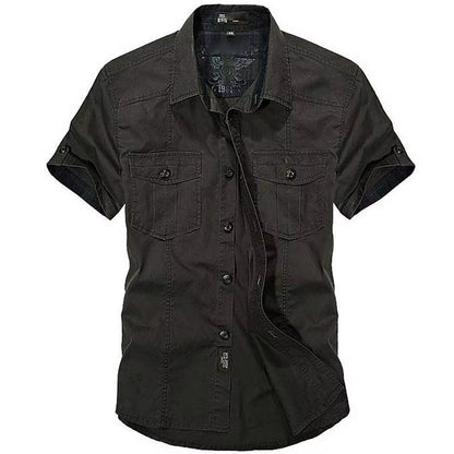 Fashion Cotton Casual Shirts Summer Men plus Size Loose Baggy Shirts Short Sleeve Turn-Down Collar Military Style Male Clothing