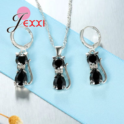 Fast Shipping Retail Romantic Engagement Silver Cute Cat Jewelry Sets Necklace Earrings with Austrian Crystal for Women
