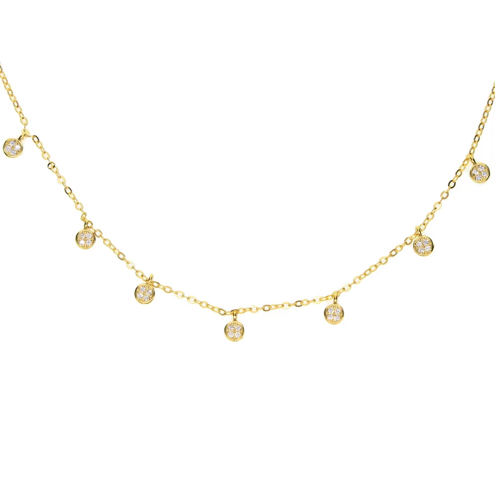 925 Sterling Silver Clear CZ Station Multi Charm Choker Fashion Delicate Dainty Disco Dots Drip Drop Pendant Necklace for Women