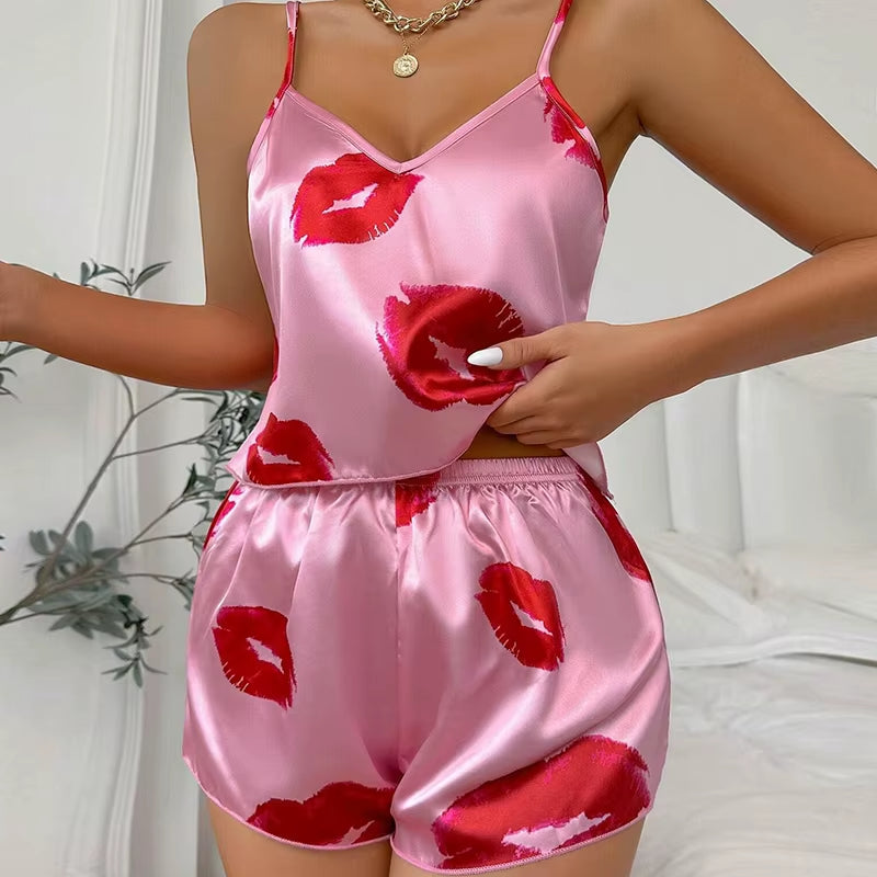 Ladies Satin Silk Lace Cami Vest Shorts Lingerie Pyjamas Set Summer Women Pajamas Sets Two Piece Set Pijama for Woman