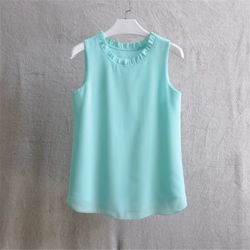 21 Colors Solid Ruffle Chiffon Blouse Women 2025 Summer Fashion Vest Blusas Casual Loose Sleeveless Ladies Tops Shirt