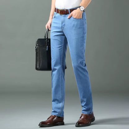Classic Style Men Brand Jeans Business Casual Stretch Slim Denim Pants Light Blue Black Trousers Male