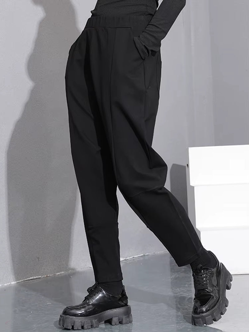 [] High Elastic Waist Black Pocket Thick Patchwork Harem Pants New Trousers Women Fashion Tide Spring Autumn 2025 SA155