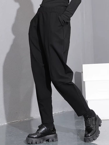 [] High Elastic Waist Black Pocket Thick Patchwork Harem Pants New Trousers Women Fashion Tide Spring Autumn 2025 SA155