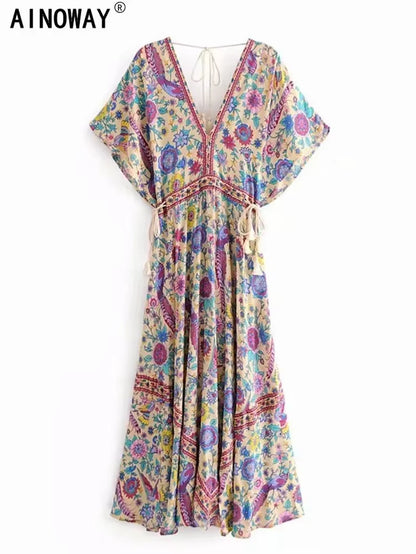 Vintage Chic Women Peacock Floral Print Bat Sleeve Beach Bohemian Maxi Dresses Robe Ladies V-Neck Tassel Summer Boho Dress