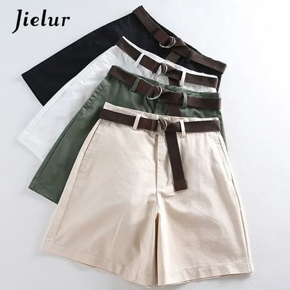 Shorts All-Match 4 Solid Color Sashes Casual Shorts Women A-Line High Waist Slim Short Femme Chic S-XXL Ladies Bottom