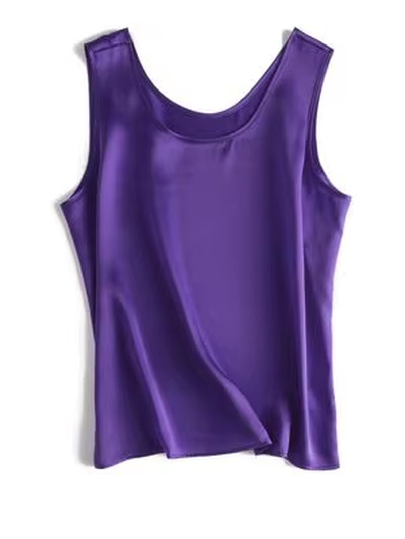 . Women Basic Cozy Tanks, 100%Real Silk, O Neck Sleeveless Chic T Shirt, 2025 Solid Summer Vests, White, Pink, Beige