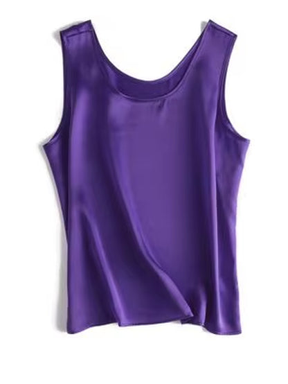. Women Basic Cozy Tanks, 100%Real Silk, O Neck Sleeveless Chic T Shirt, 2025 Solid Summer Vests, White, Pink, Beige