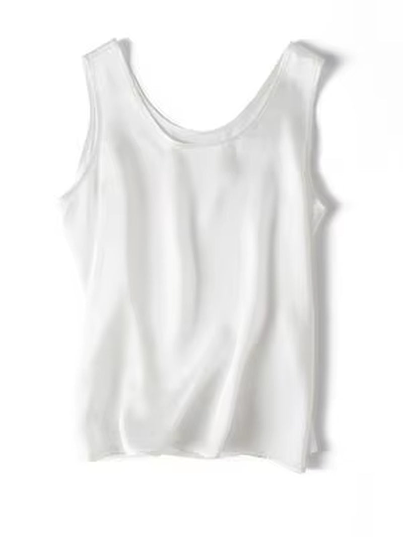 . Women Basic Cozy Tanks, 100%Real Silk, O Neck Sleeveless Chic T Shirt, 2025 Solid Summer Vests, White, Pink, Beige