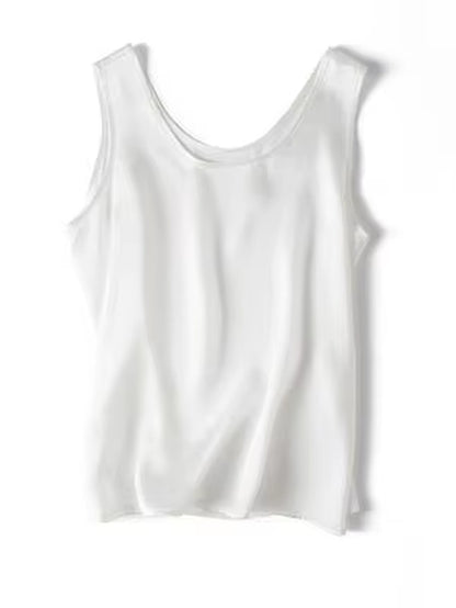 . Women Basic Cozy Tanks, 100%Real Silk, O Neck Sleeveless Chic T Shirt, 2025 Solid Summer Vests, White, Pink, Beige