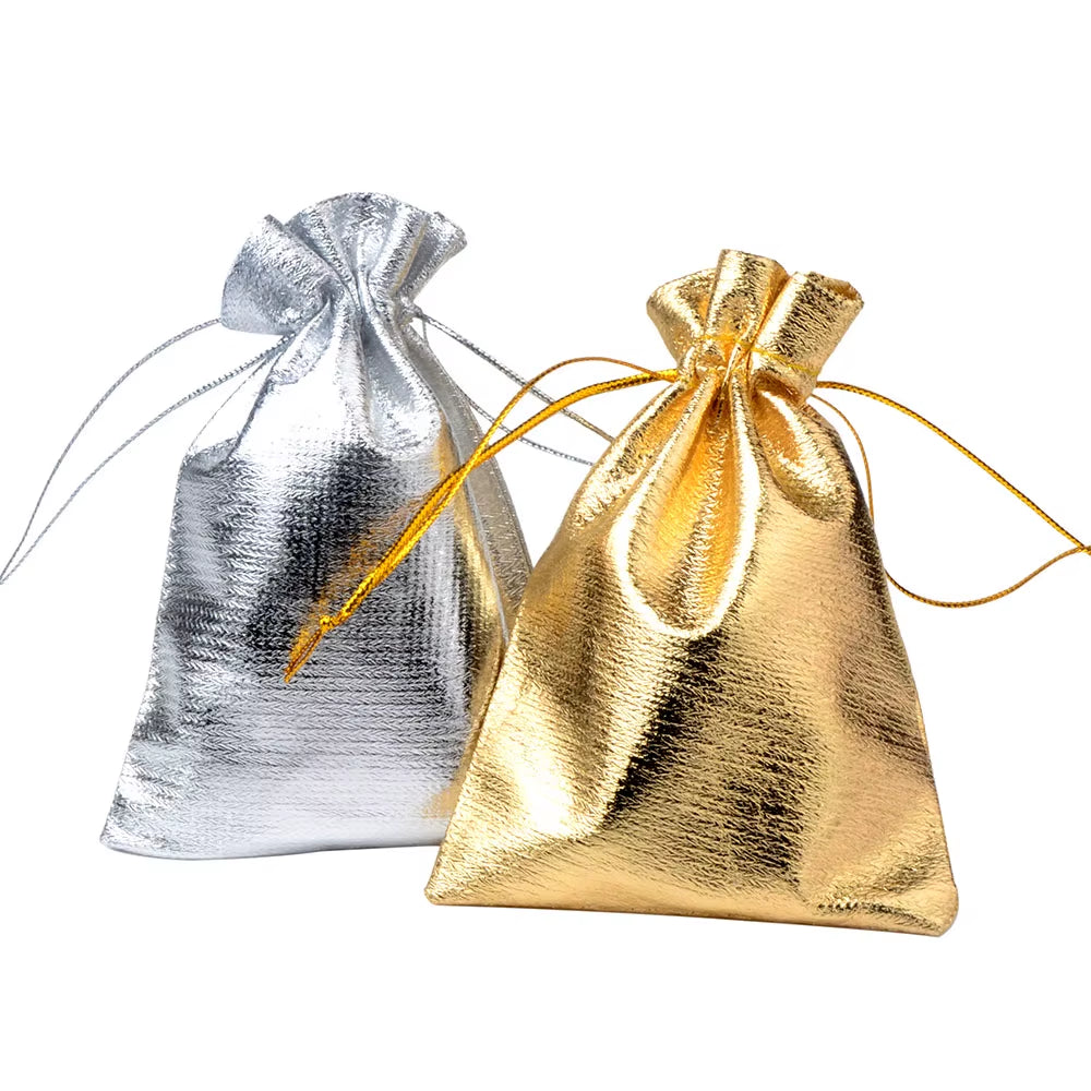 50Pcs/Lot 7X9 9X12 10X15Cm Adjustable Jewelry Packing Fabric Bag Gold Colors Drawstring Wedding Storage Pouches