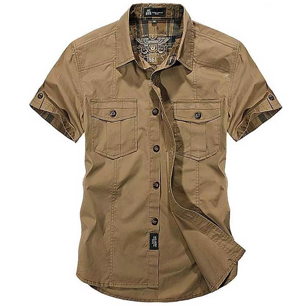 Fashion Cotton Casual Shirts Summer Men plus Size Loose Baggy Shirts Short Sleeve Turn-Down Collar Military Style Male Clothing