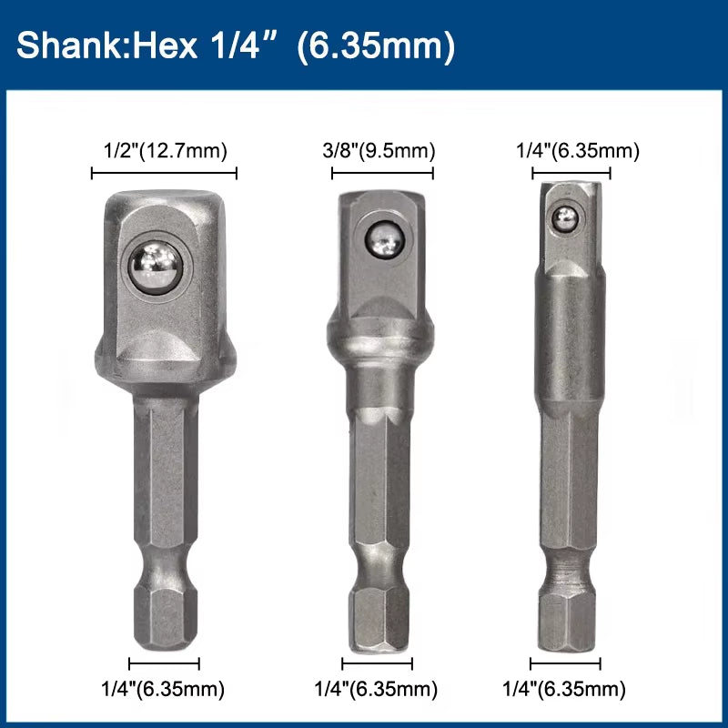 3Pcs 1/4 "3/8" 1/2 " Socket Adapter Hex Shank Drill Bits Extension Rod Power Tool Accessories Impact Drill Socket Adapter