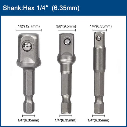 3Pcs 1/4 "3/8" 1/2 " Socket Adapter Hex Shank Drill Bits Extension Rod Power Tool Accessories Impact Drill Socket Adapter