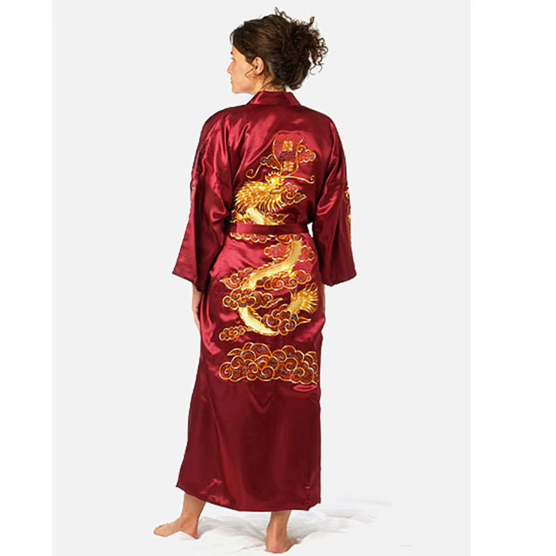 Navy Blue Chinese Men'S Satin Silk Robe Embroidery Kimono Bath Gown Dragon Size S M L XL XXL XXXL S0008