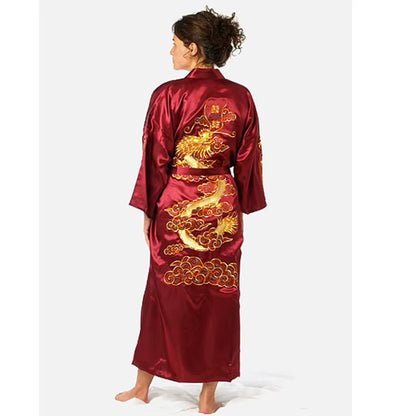 Navy Blue Chinese Men'S Satin Silk Robe Embroidery Kimono Bath Gown Dragon Size S M L XL XXL XXXL S0008