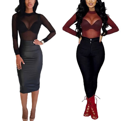 Sexy Women T Shirt See through Transparent Mesh Tops Long Sleeve Sheer Slim Ladies Turtleneck T-Shirt