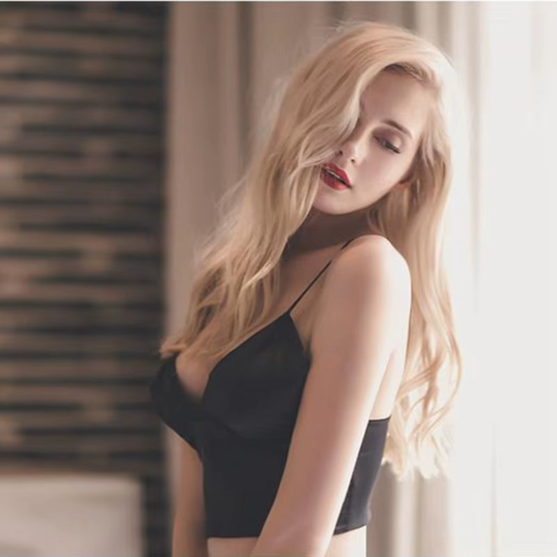 Sexy Satin Crop Tops Women Wireless Bralette Crochet Top Female Spaghetti Strap T-Shirt Cropped with Chest Padded Camisole Camis