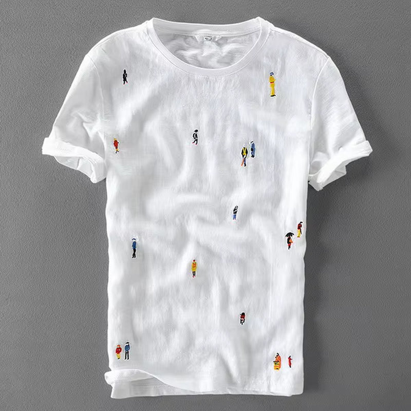 Designer Cartoon Embroidery Stitching Linen Short Sleeve T-Shirt Men Brand Casual round Neck White T Shirt for Men Camiseta