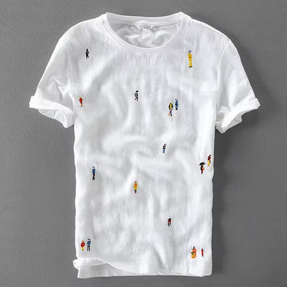 Designer Cartoon Embroidery Stitching Linen Short Sleeve T-Shirt Men Brand Casual round Neck White T Shirt for Men Camiseta