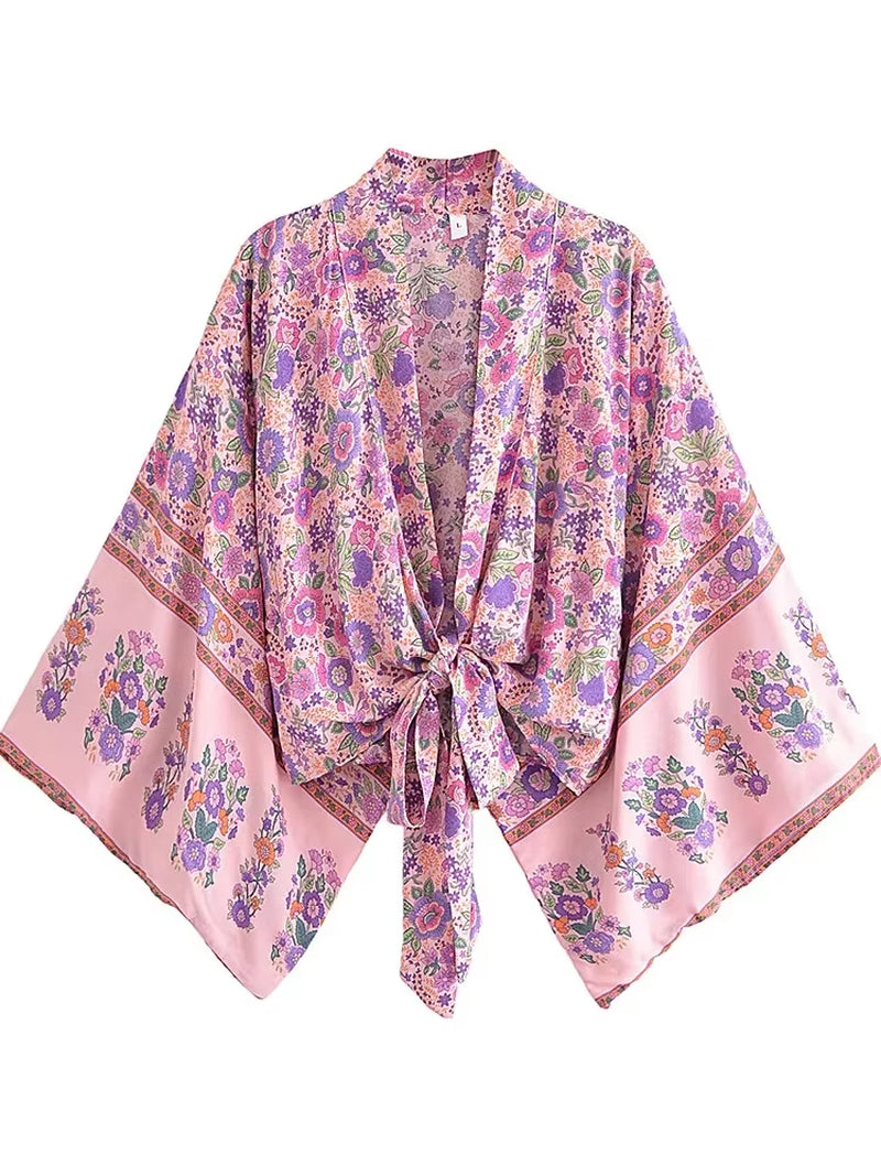 Boho Vintage Floral Print Beach Summer Short Kimono Women Fashion Ladies Casual V Neck Batwing Sleeves Bohemian Cover-Ups