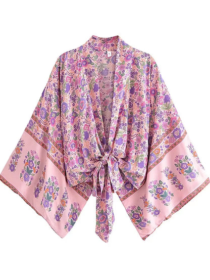 Boho Vintage Floral Print Beach Summer Short Kimono Women Fashion Ladies Casual V Neck Batwing Sleeves Bohemian Cover-Ups
