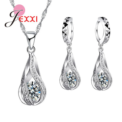 925 Sterling Silver Necklace Pendant Earrings Fashion Spiral Shaped White Crystal Jewelry Sets for Wholesale