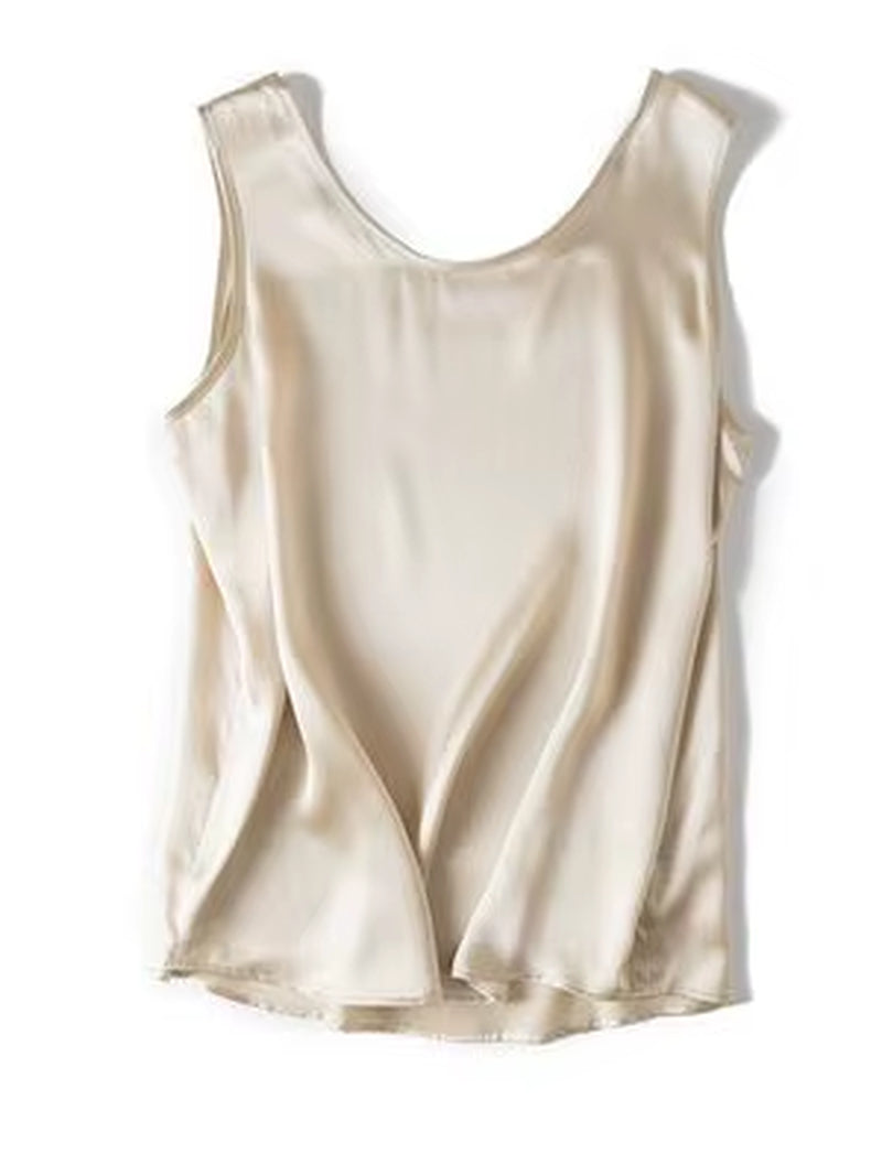 . Women Basic Cozy Tanks, 100%Real Silk, O Neck Sleeveless Chic T Shirt, 2025 Solid Summer Vests, White, Pink, Beige