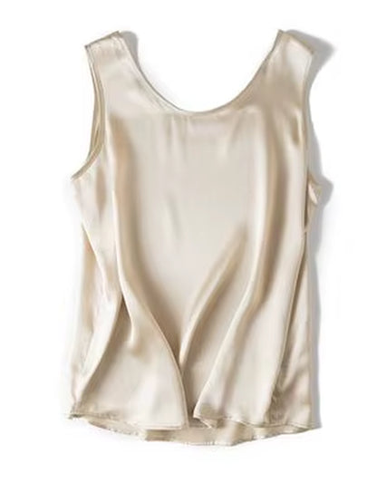 . Women Basic Cozy Tanks, 100%Real Silk, O Neck Sleeveless Chic T Shirt, 2025 Solid Summer Vests, White, Pink, Beige