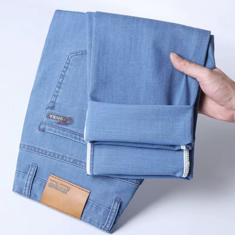 Classic Style Men Brand Jeans Business Casual Stretch Slim Denim Pants Light Blue Black Trousers Male