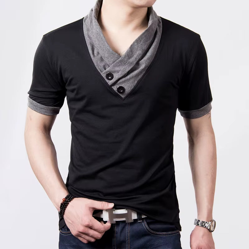 New plus Size Summer Mens T-Shirts Fashion 2025 Slim Short Sleeve Patchwork V Neck Cotton Black T Shirt Men Button Tops & Tees