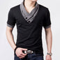 New plus Size Summer Mens T-Shirts Fashion 2025 Slim Short Sleeve Patchwork V Neck Cotton Black T Shirt Men Button Tops & Tees