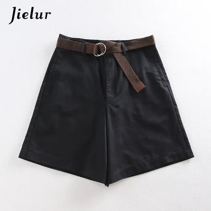 Shorts All-Match 4 Solid Color Sashes Casual Shorts Women A-Line High Waist Slim Short Femme Chic S-XXL Ladies Bottom