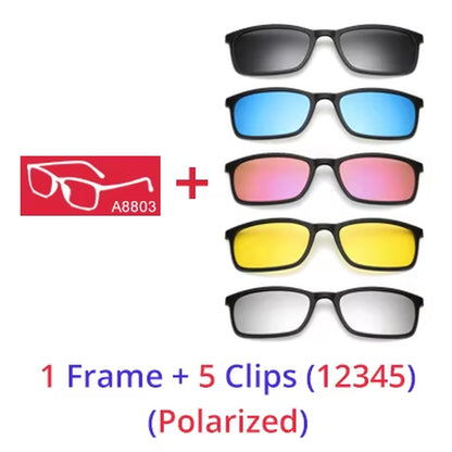Polarized Sunglasses Men Women 5 in 1 Magnetic Clip on Glasses TR90 Optical Prescription Eyeglass Frames Magnet Clips