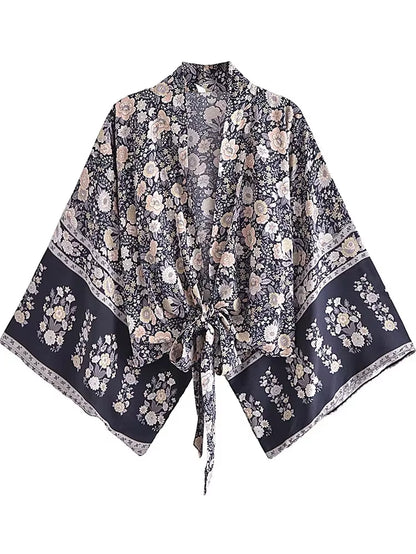 Boho Vintage Floral Print Beach Summer Short Kimono Women Fashion Ladies Casual V Neck Batwing Sleeves Bohemian Cover-Ups