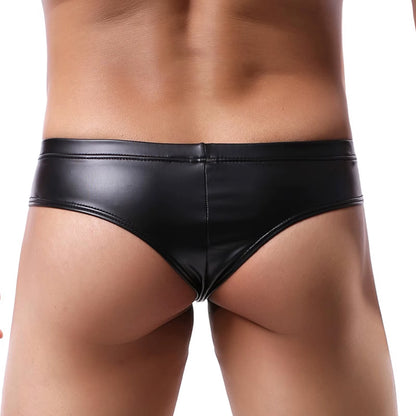 Sexy Men'S Faux Leather Underwear Thong Brazilian Underpants T-Back Male Metal Ring Decor Lingerie Black Thong