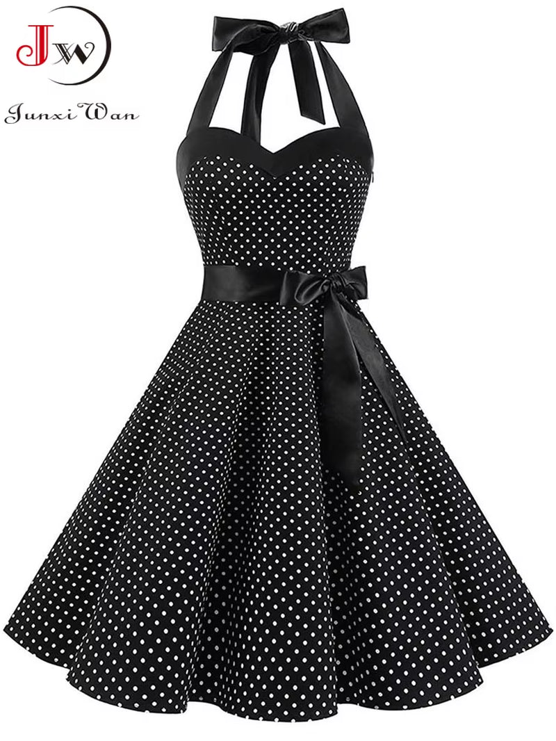 Polka Dot Dress Women Vintage Swing Halter Belt 50S 60S Rockabilly Prom Party Dresses Retro Feminino Vestidos