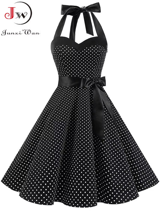 Polka Dot Dress Women Vintage Swing Halter Belt 50S 60S Rockabilly Prom Party Dresses Retro Feminino Vestidos