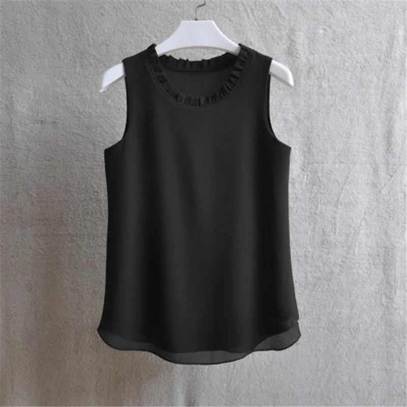 21 Colors Solid Ruffle Chiffon Blouse Women 2025 Summer Fashion Vest Blusas Casual Loose Sleeveless Ladies Tops Shirt