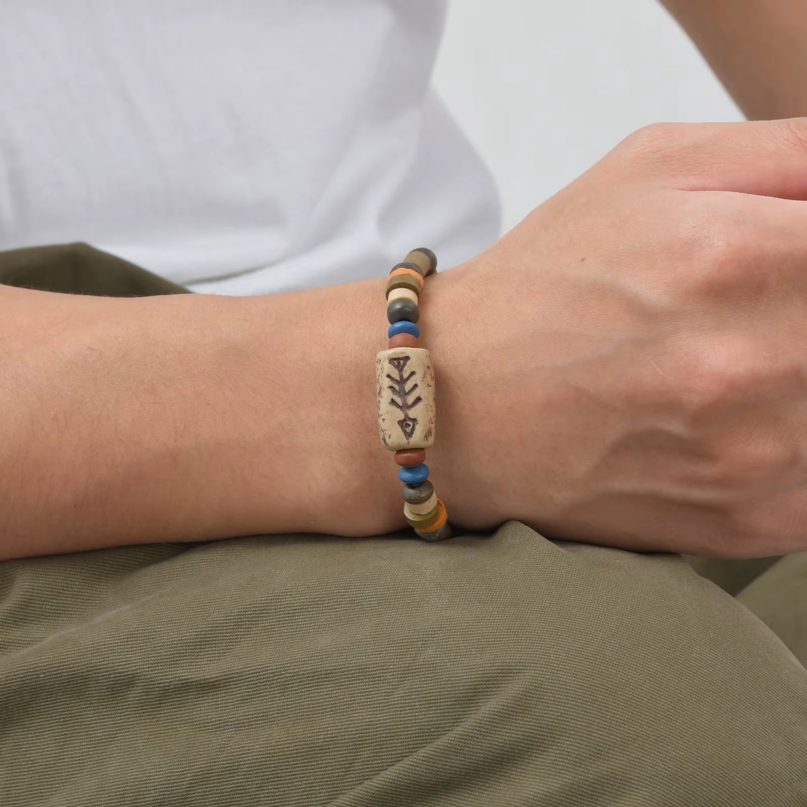 Rotating Fish Bone Beaded Bracelet Original Tribal Jewelry for Men Surfer Jewelry Adjustable